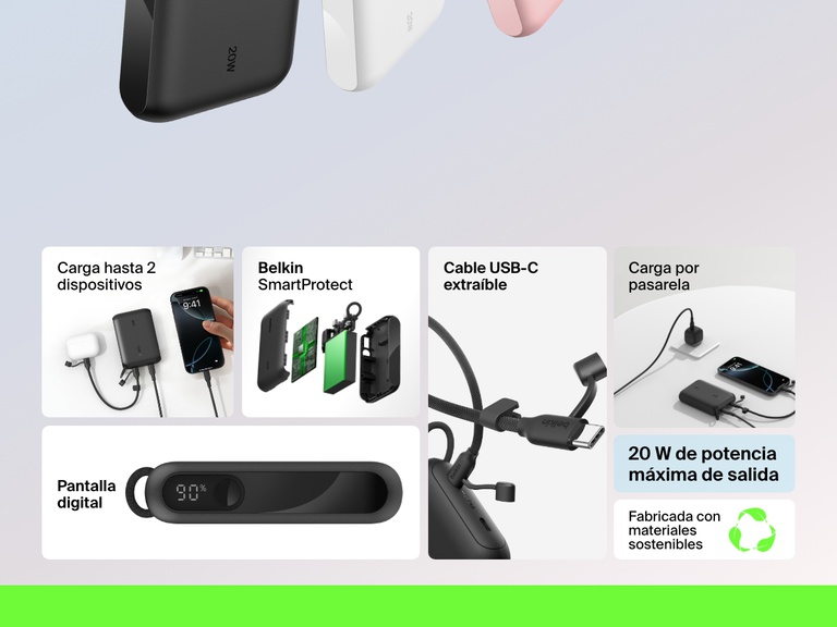 Infografía en la que se ilustran características principales de la batería externa 10K con pantalla BoostCharge de Belkin, como los 20 W de potencia de salida, la carga para dos dispositivos, la pantalla digital con información sobre la capacidad restante, el cable USB-C extraíble, la carga por pasarela, el estándar Belkin SmartProtect y los materiales sostenibles.