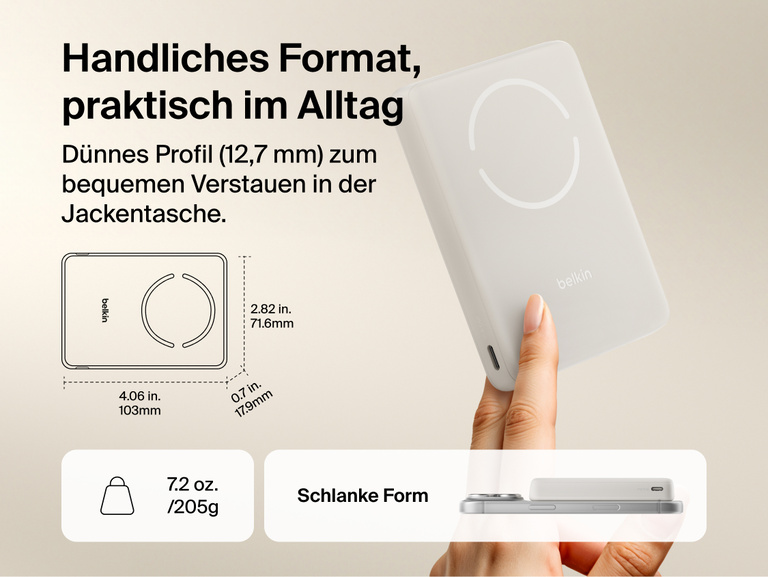 Slim Magnetic Power Bank 10K with Qi2 shown in hand and next to smartphone highlighting slim size and portability dimensions