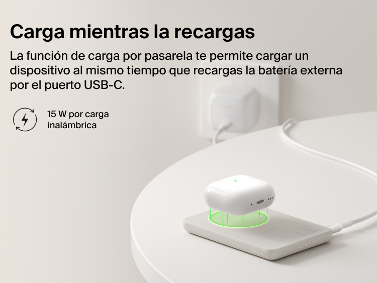 Belkin BoostCharge Slim Magnetic Power Bank 5K with Qi2 demonstrating pass-through charging, wirelessly powering a device while the power bank recharges via USB-C.