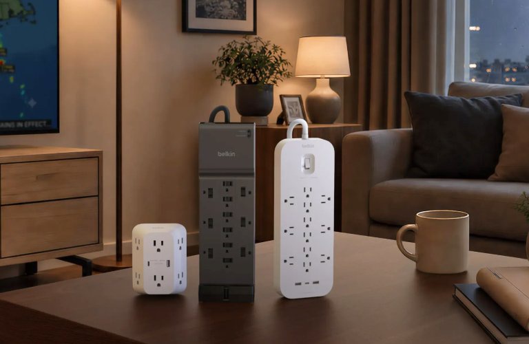 Belkin surge protection solutions displayed in a modern living room, with a TV showing a severe weather forecast to highlight reliable power protection for home entertainment and connected devices during storms.