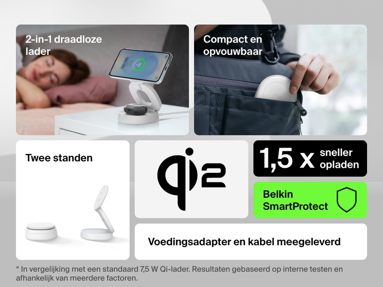 Belkin BoostCharge 2-in-1 Convertible Magnetic Charging Stand with Qi2 15W features two charging modes, compact foldable design, 1.5X faster charging, and includes power and cable.