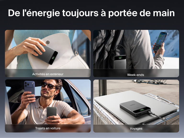 Image de la batterie externe Belkin&nbsp;UltraCharge&nbsp;Pro&nbsp;10K avec BoostSolid&nbsp;Cell, con&ccedil;ue pour le transport quotidien, les sorties d&rsquo;un week-end, les d&eacute;placements en ville et les voyages d&rsquo;affaires conformes aux exigences de la TSA.
