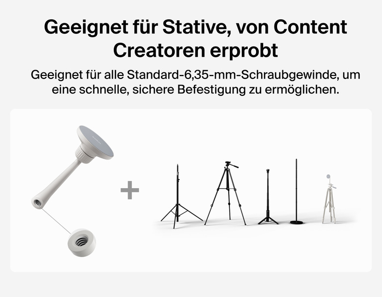 Image showing Belkin Stage Creator Kit mount compatible with standard 1/4-inch screw threads for quick, secure attachment to tripods, stands, and other creator gear.