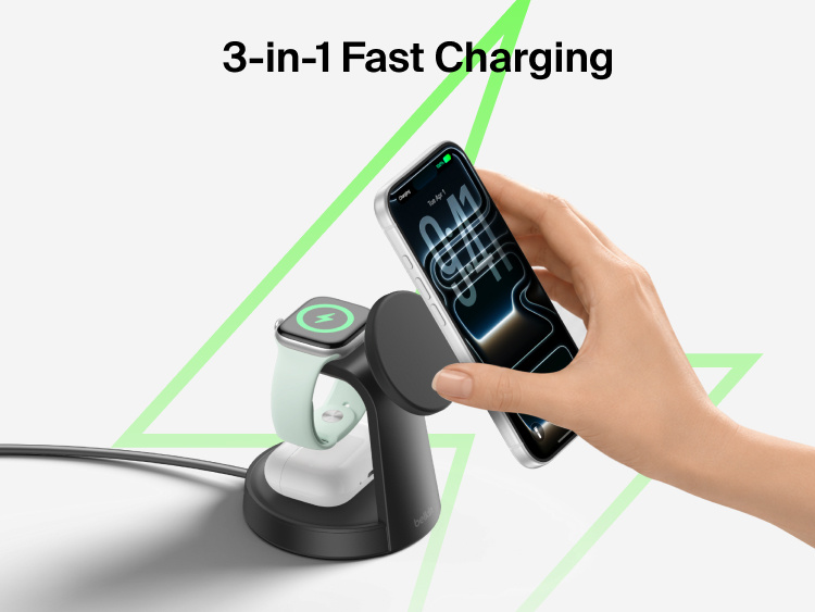 Belkin UltraCharge 3-in-1 Charging Stand with Qi2 25W simultaneously charging a smartphone, Apple Watch, and wireless earbuds.