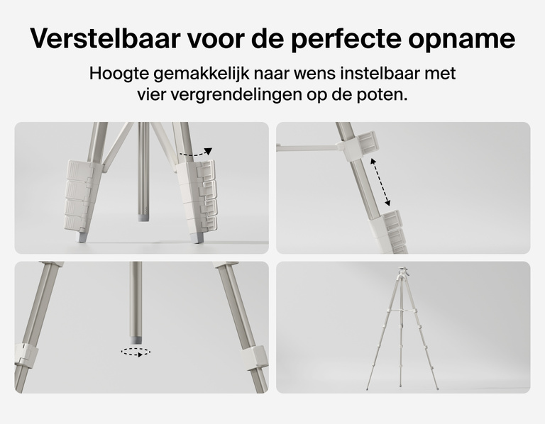 Image showing Belkin Stage Creator Kit tripod with adjustable legs and four locking mechanisms designed to adapt from low angles to full height for flexible content creation.