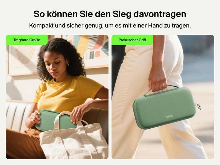 The Belkin Gaming Charging Case for Nintendo Switch 2 is shown being easily packed into a tote and carried by hand, highlighting its portable size and convenient handle for travel.