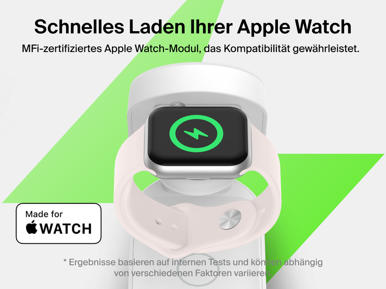 Die Belkin UltraCharge faltbare magnetische 3-in-1-Ladestation mit Qi2 25W lädt die Apple Watch Series 10 mit einem MFi-zertifizierten Lademodul in 30 Minuten auf 80 % auf.