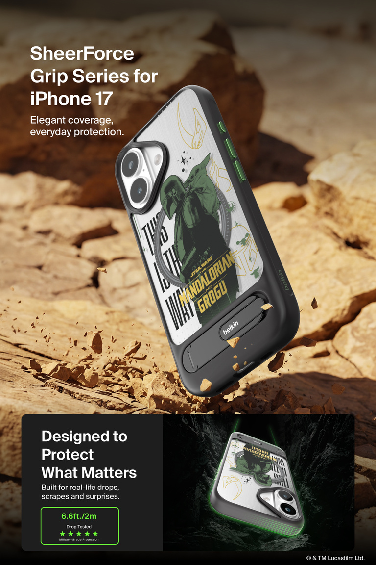 Belkin SheerForce Magnetic Case with Kickstand for iPhone 17, The Mandalorian & Grogu featuring military-grade drop protection, integrated kickstand, and MagSafe compatibility.
