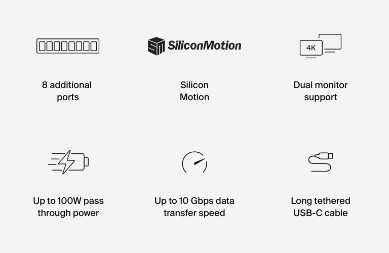 Belkin Connect 범용 USB-C 8-in-1 듀얼 디스플레이 코어 허브(실리콘 모션 기술 사용) - Mac, Windows, Chromebook과 호환 - 10Gbps 전송 속도 및 1GbE 이더넷을 갖춘 100W PD - 실버