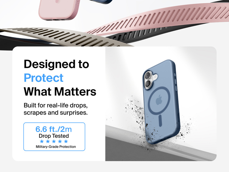 Belkin SheerForce Grip Series Case for iPhone 17 shown with textured grip and impact protection against drops.