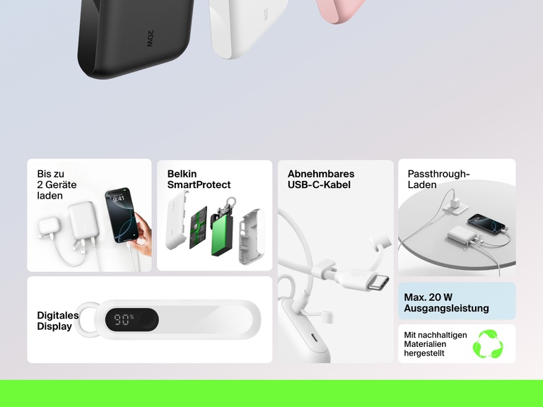 Infografik, die die wichtigsten Funktionen der Belkin BoostCharge Powerbank 10K mit Display zeigt: 20-Watt-Ausgangsleistung, Aufladung von zwei Geräten, digitale Akkustand-Anzeige, abnehmbares USB-C-Kabel, Laden per Passthrough, Belkin SmartProtect und nachhaltige Materialien.