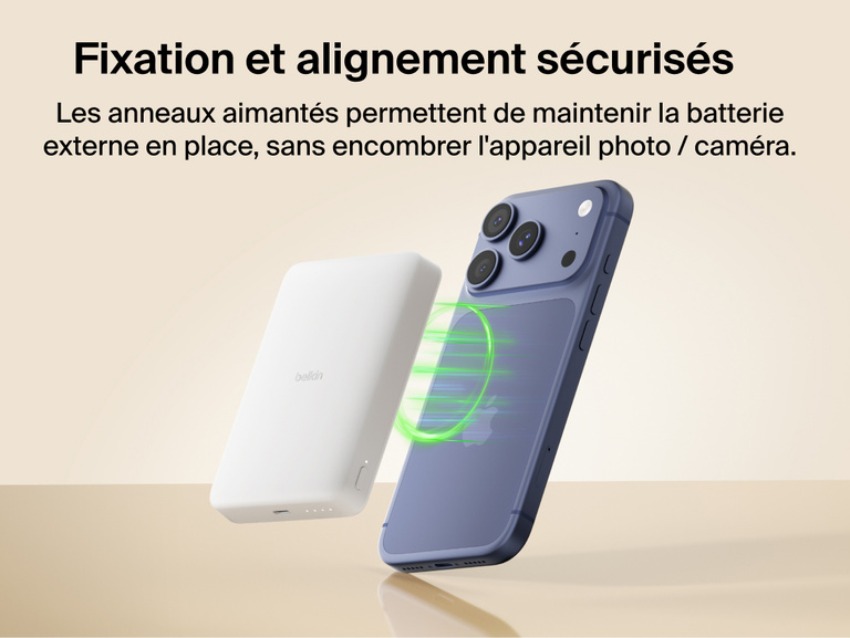Belkin BoostCharge Slim Magnetic Power Bank 10K magnetically aligning to a smartphone for secure hold and wireless charging without blocking the camera