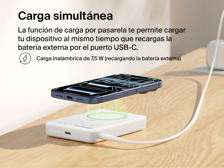 Belkin BoostCharge Slim Magnetic Power Bank 10K demonstrating pass-through charging with a smartphone wirelessly charging at 7.5W while the power bank recharges via USB-C