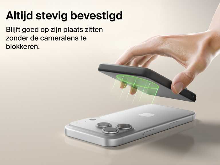 Belkin BoostCharge Slim Magnetic Power Bank 5K with Qi2 featuring a secure magnetic ring that aligns accessories and attaches firmly without obstructing the phone camera.
