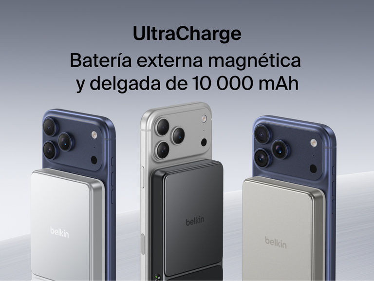Belkin UltraCharge Slim Magnetic Power Bank 10K attached to smartphones showcasing compact magnetic wireless charging and portable battery design