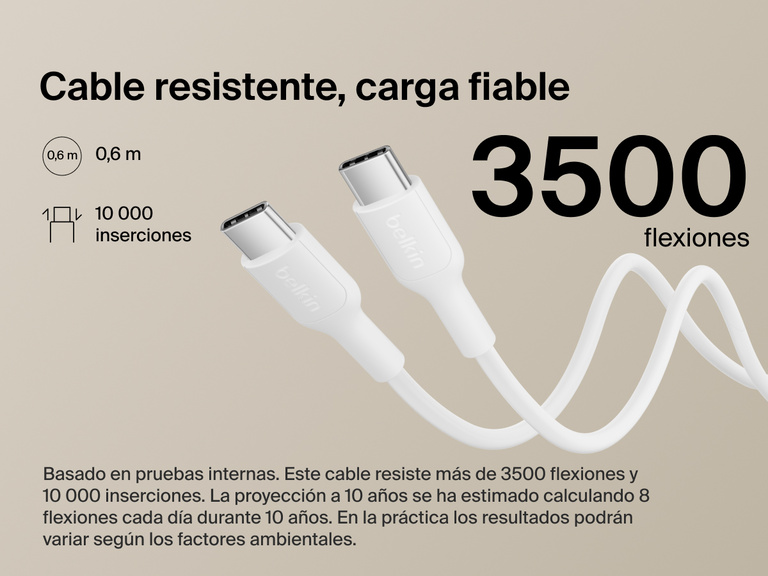 Belkin BoostCharge Slim Magnetic Power Bank 5K shown with durable USB-C to USB-C cable designed for 3,500+ bends and reliable long-lasting charging performance.