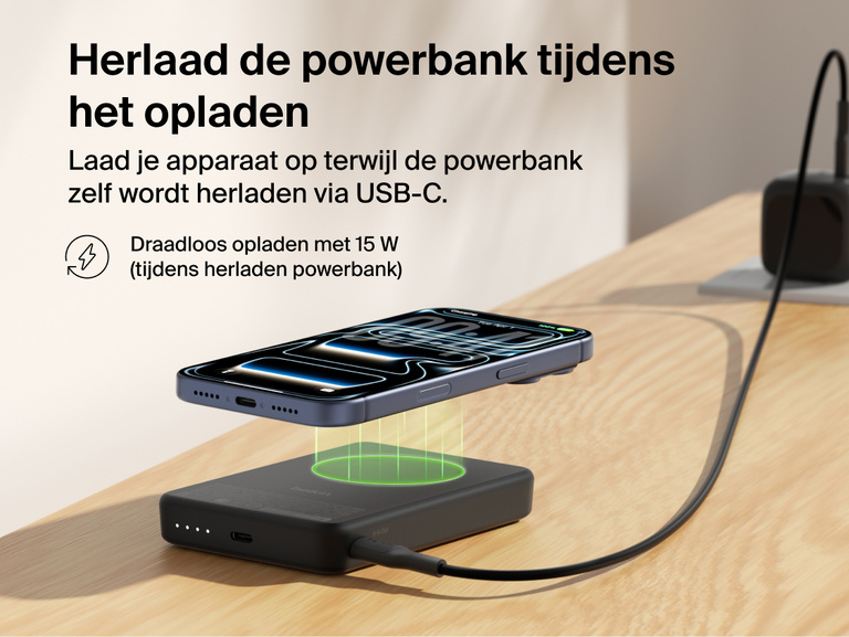 Slim Magnetic Power Bank 10K with Qi2 wirelessly charging smartphone while recharging via USB-C pass-through connection