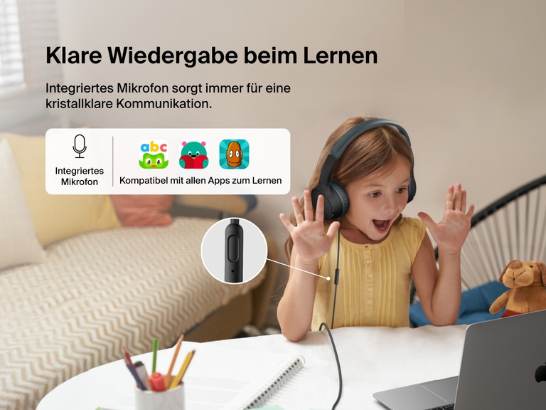 Young girl using Belkin Wired On-Ear Headphones for Kids with a built-in microphone while video chatting on a laptop, highlighting clear audio and compatibility with learning apps for classroom use.