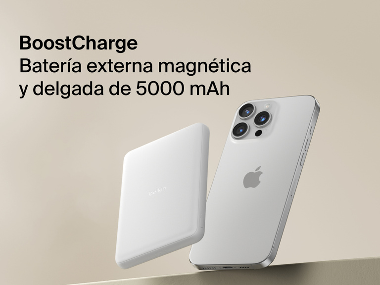 Belkin BoostCharge Slim Magnetic Power Bank 5K shown magnetically attached to a smartphone beside a slim wallet accessory, highlighting its compact portable charging design.