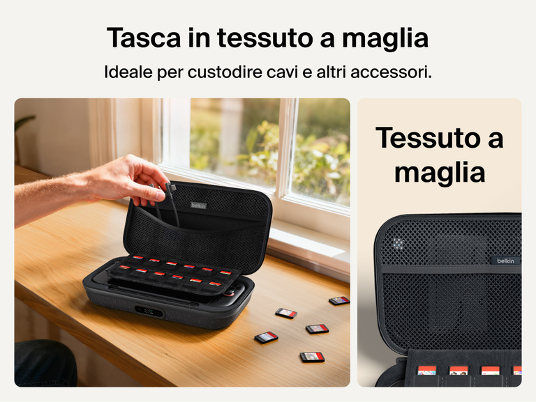 Belkin Gaming Charging Case Pro for Nintendo Switch 2 shown with mesh utility pocket for storing charging cables, accessories, and gaming essentials.