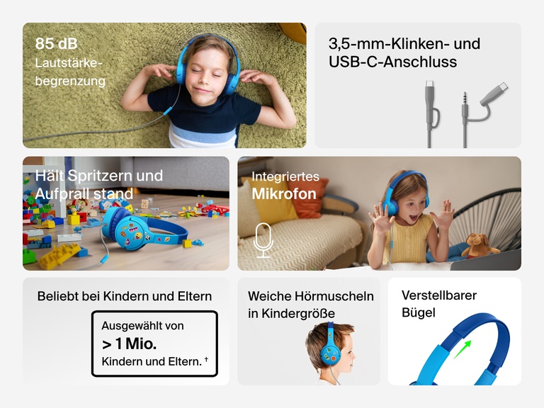 Collage of images highlighting key features of the Belkin Wired On-Ear Headphones for Kids, including an 85dB volume limit, USB-C and 3.5mm connection, built-in microphone, drop and spill resistance, plush kid-sized earcups, and adjustable headband.