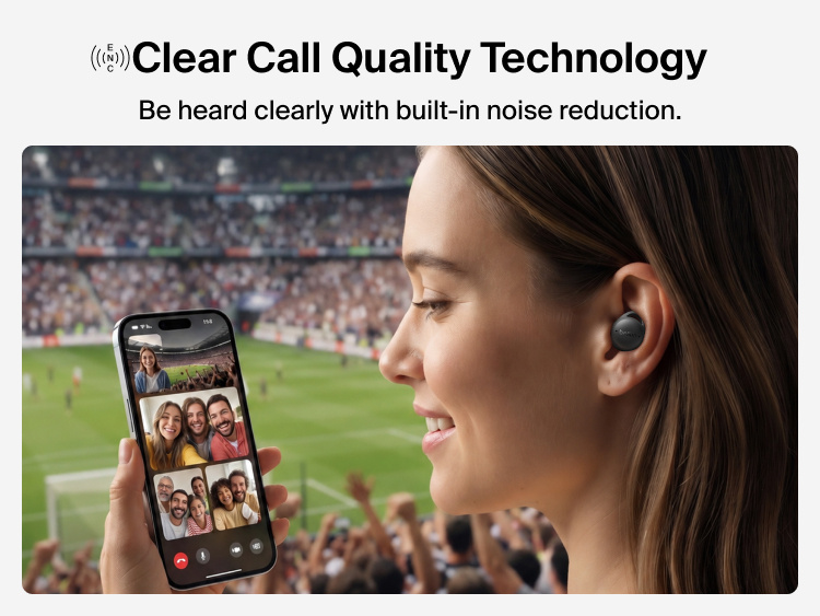 SoundForm Isolate Buds ANC worn during a phone call at an outdoor event, illustrating clear call quality technology