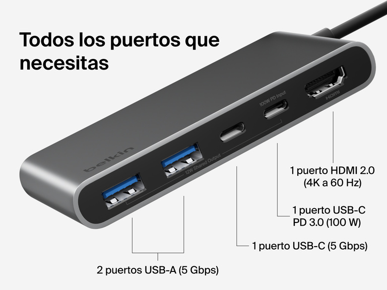 Belkin Connect 5-Port USB-C Hub with Dual USB-C Ports includes HDMI 2.0 4K@60Hz, USB-C PD 3.0 100W, USB-C 5Gbps, and dual USB-A 5Gbps ports.