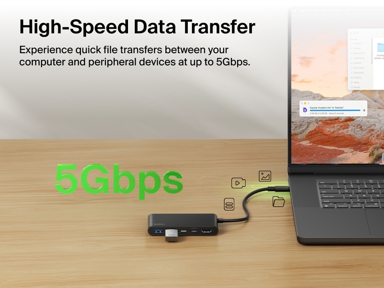 Belkin Connect 5-Port USB-C Hub with Dual USB-C Ports enables high-speed data transfer up to 5Gbps between laptop and connected devices.