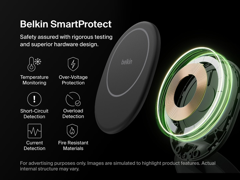 Belkin BoostCharge 3-in-1 Compact Magnetic Charging Stand shown with internal cutaway view highlighting Belkin SmartProtect safety features, including temperature monitoring, over-voltage protection, short-circuit detection, and fire-resistant materials.