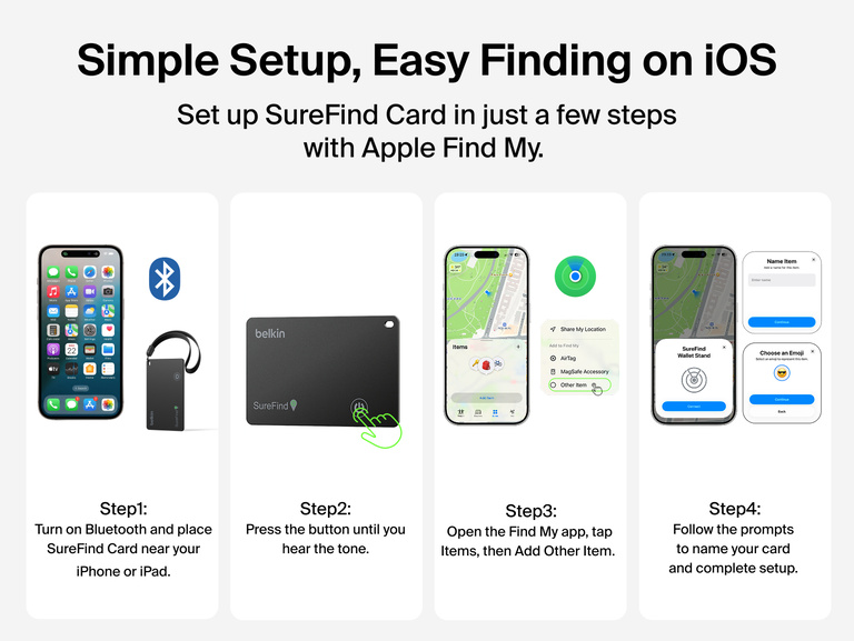 Four-step guide shows how to set up Belkin SureFind Card with Apple Find My using Bluetooth and the Find My app on iPhone or iPad.