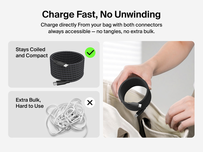 Belkin BoostCharge Pro Magnetic USB-C Cable 240W stays coiled and compact for tangle-free charging, allowing easy access and fast power without unwinding.