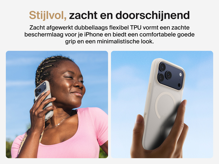 Belkin SheerForce Grip Series Case for iPhone 17 with slim translucent design and soft-touch finish for a comfortable grip.