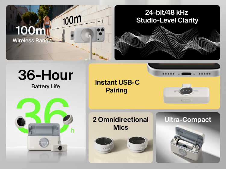A promotional graphic highlights features of the Belkin Stage wireless microphone system. Panels show: a 100-meter wireless range with a person skateboarding; a 36-hour battery life with two round microphones and the charging case; instant USB-C pairing with a phone; an ultra-compact charging case; two omnidirectional mics; and 24-bit/48 kHz studio-level audio clarity represented by sound waves.