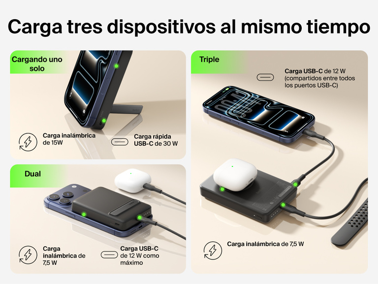 Slim Magnetic Power Bank 10K with Qi2 powering three devices including smartphone, earbuds, and smartwatch at once