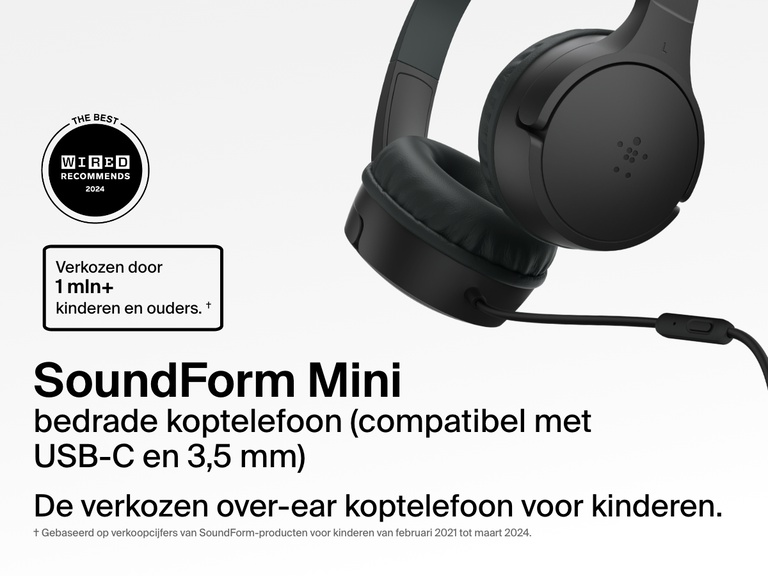 Close-up image of the Belkin SoundForm Mini Wired On-Ear Headphones for Kids, featuring a detachable boom mic and compatibility with USB-C and 3.5mm, promoted as the top choice for over one million kids and parents.