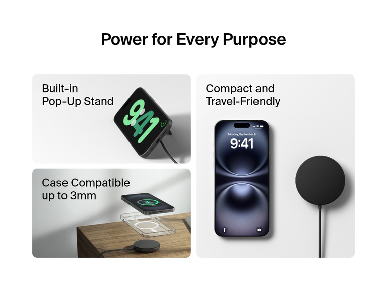 Belkin BoostCharge Proマグネット式ワイヤレス充電パッド（Qi2 15W、ブラック）のさまざまな使用シーンが示されています。内蔵のポップアップ式スタンド、コンパクトで持ち運びやすいデザイン、厚さ最大3mmのケースに対応可能な互換性を特徴としています。