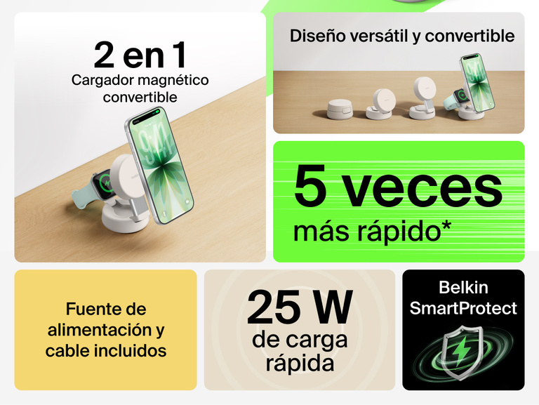 El cargador magn&eacute;tico convertible 2 en 1 con Qi2 de 25 W Belkin UltraCharge Pro est&aacute; provisto de un vers&aacute;til dise&ntilde;o modular, acoplamiento magn&eacute;tico seguro y carga inal&aacute;mbrica hasta 5 veces m&aacute;s r&aacute;pida. Asimismo, se comercializa con un cable y una fuente de alimentaci&oacute;n.