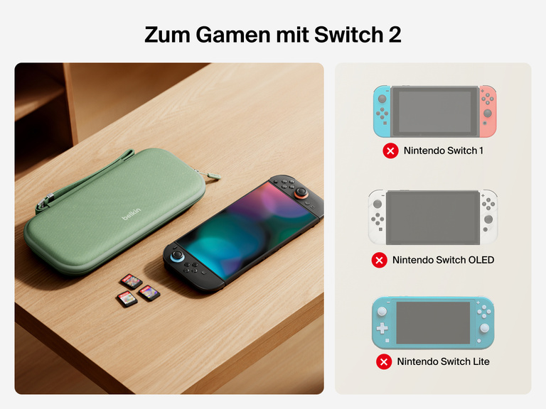 The Belkin Gaming Travel Case is shown beside a Nintendo Switch 2, with icons indicating compatibility exclusively with Switch 2—not with Switch 1, OLED, or Lite models.