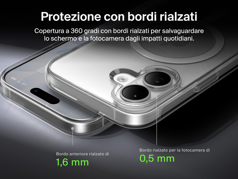 Belkin SheerForce Clear Series Case for iPhone 17 with elevated edge protection featuring 1.6mm front raised edge and 0.5mm camera raised edge for 360-degree coverage.