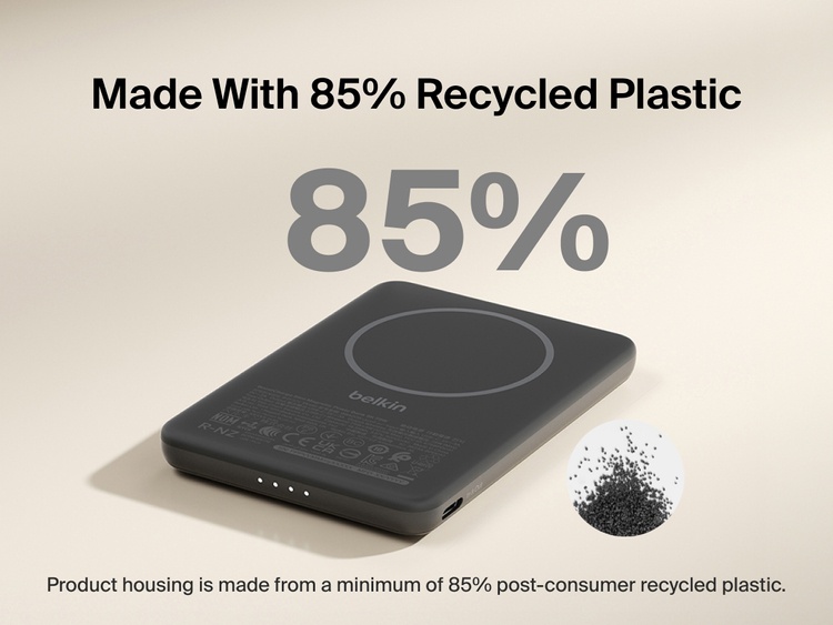 Belkin BoostCharge Slim Magnetic Power Bank 5K shown with text highlighting that its housing is made from 85% post-consumer recycled plastic for sustainable design.