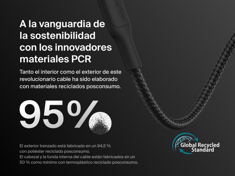 Close-up of the Belkin BoostCharge USB-C to Micro-USB Braided Cable 15W highlighting 95% recycled material construction and Global Recycled Standard certification on a dark background.