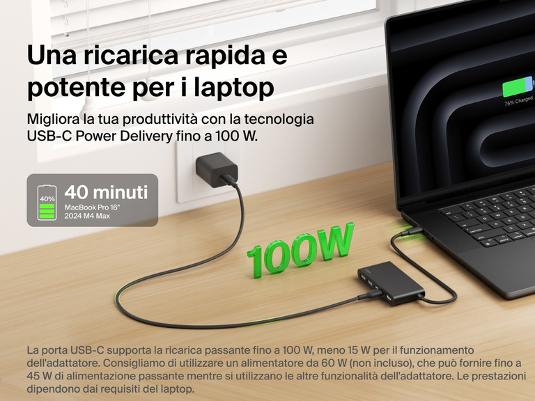 Belkin Connect 5-Port USB-C Hub with Dual USB-C Ports delivers fast laptop charging with up to 100W USB-C Power Delivery.