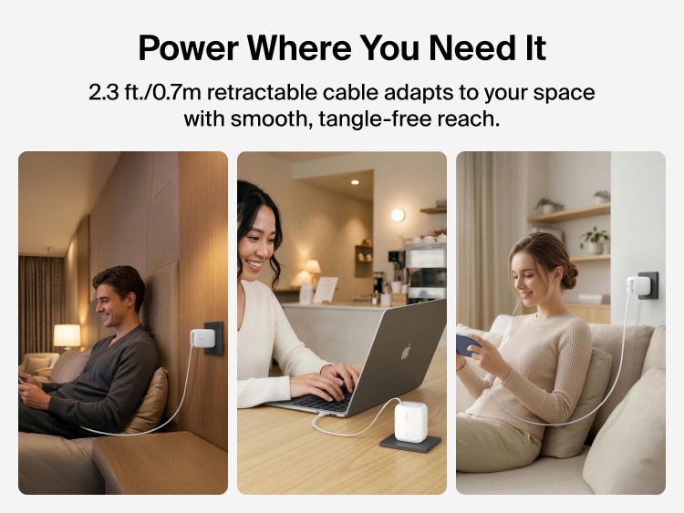 Belkin UltraCharge 45W retractable GaN wall charger with 0.7m USB-C cable powering devices in home and travel settings with flexible, tangle-free reach