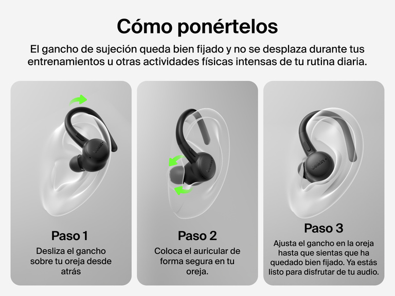 Belkin SoundForm ActiveFit Wireless Earbuds with physical button and smart touch controls for volume, playback, calls, EQ presets, and multipoint pairing.