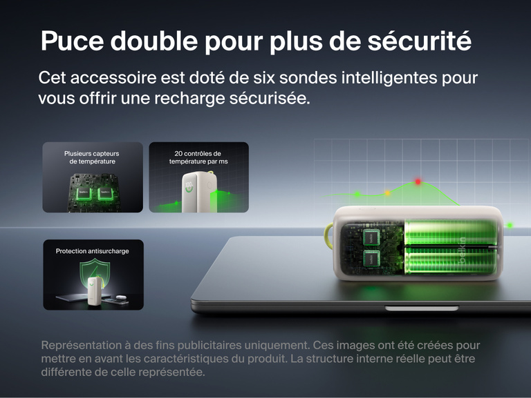 Image d'une batterie externe 22K UltraCharge avec c&acirc;ble r&eacute;tractable d&eacute;mont&eacute;e sur un ordinateur portable pour r&eacute;v&eacute;ler sa structure interne &agrave; double puce, mettant en avant les capteurs de temp&eacute;rature, le contr&ocirc;le continu de la temp&eacute;rature et la protection contre les surcharges.