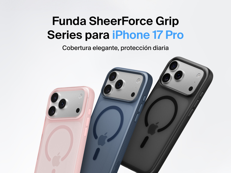 Belkin SheerForce Grip Series protective case for iPhone 17 shown in pink, clear, and black with slim design and MagSafe compatibility.