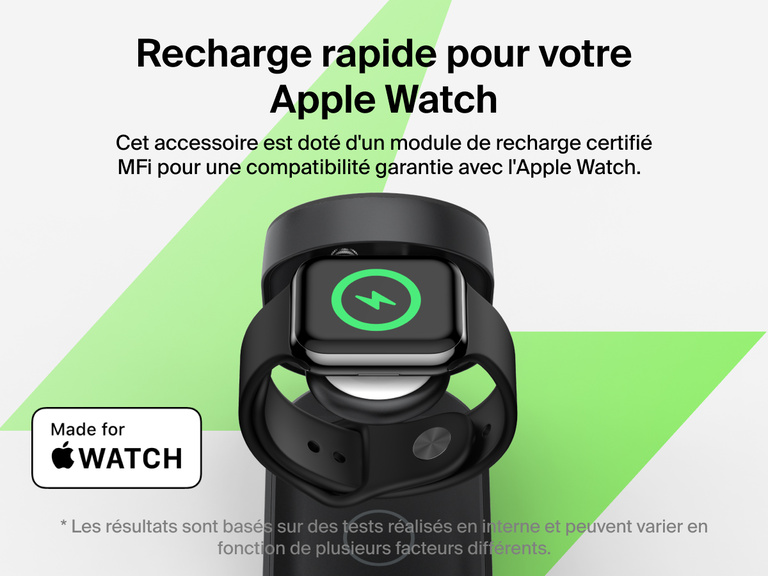 Socle de recharge 3-en-1 aimanté et pliable Belkin UltraCharge avec Qi2 (25 W) offrant une recharge rapide pour Apple Watch Series 10 de zéro à 80 % en 30 minutes grâce à la compatibilité certifiée MFI.