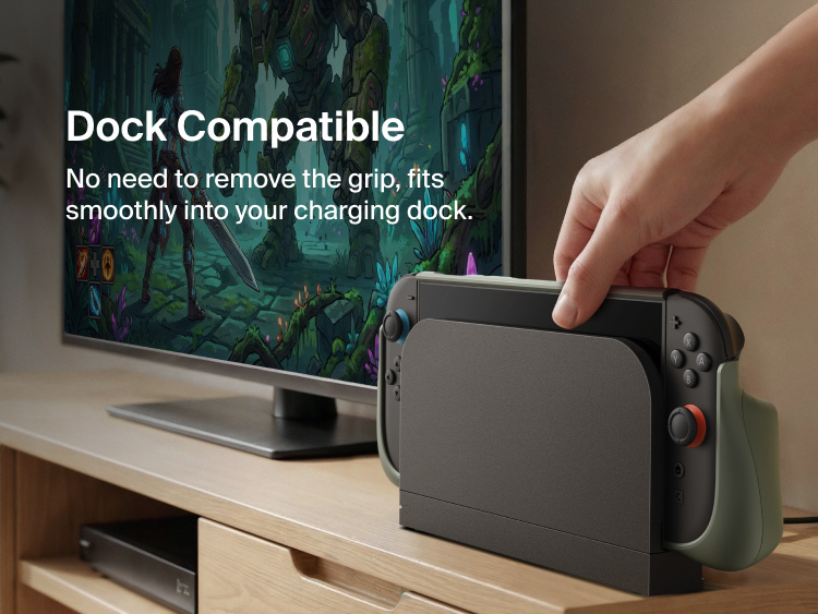 Belkin Gaming Grip for Nintendo Switch 2 fits seamlessly into the charging dock without removing the grip for convenient docking and charging.