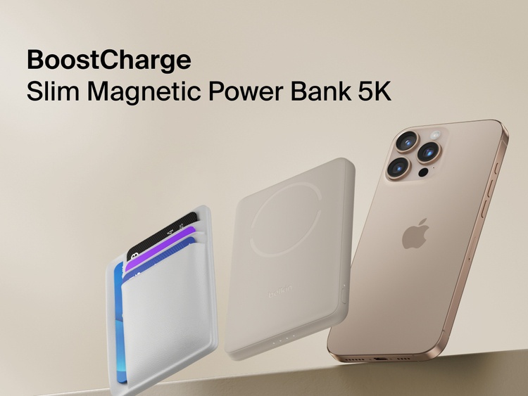Belkin BoostCharge Slim Magnetic Power Bank 5K shown magnetically attached to a smartphone beside a slim wallet accessory, highlighting its compact portable charging design.