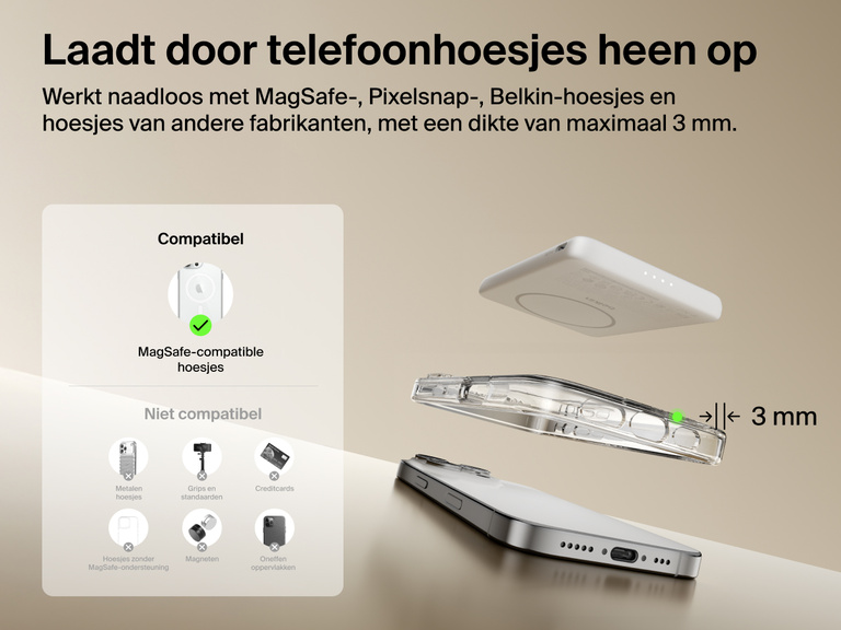 Belkin BoostCharge Slim Magnetic Power Bank 5K shown aligning with a smartphone and MagSafe-compatible case, demonstrating wireless charging through cases up to 3mm thick.